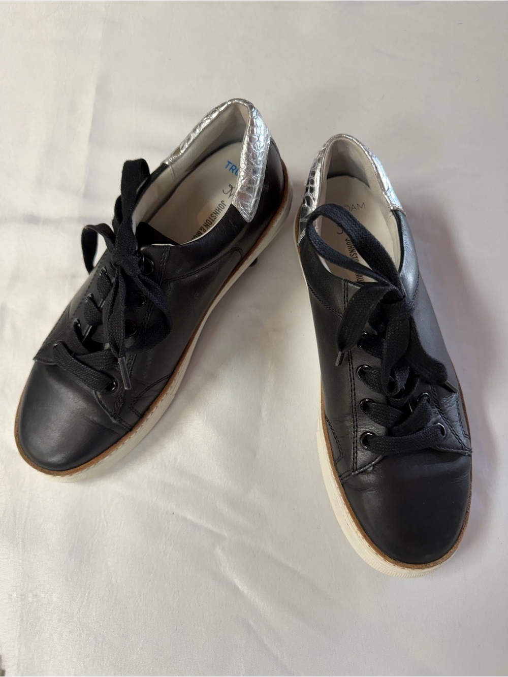 Women’s Black Leather Lace-Up Sneakers with Silver Heel Accent by Johnston & M.